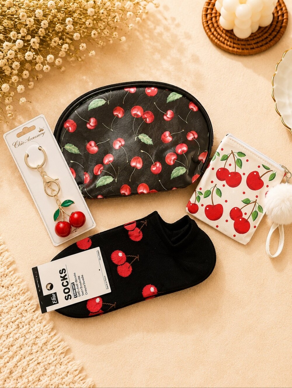 Cherry Print Accessory Set - Black & White Red Cherries